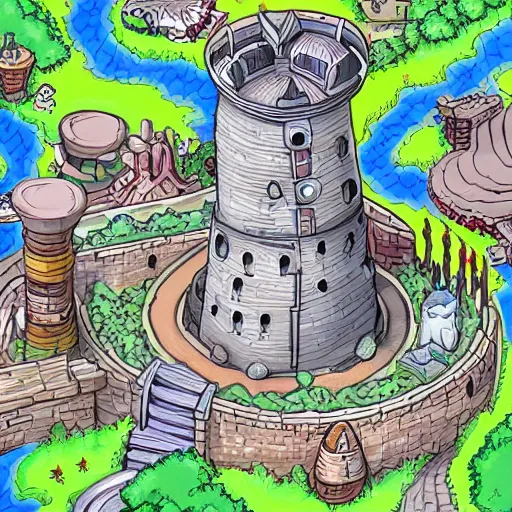 Image similar to aerial view of wizard tower, colored lineart game tile