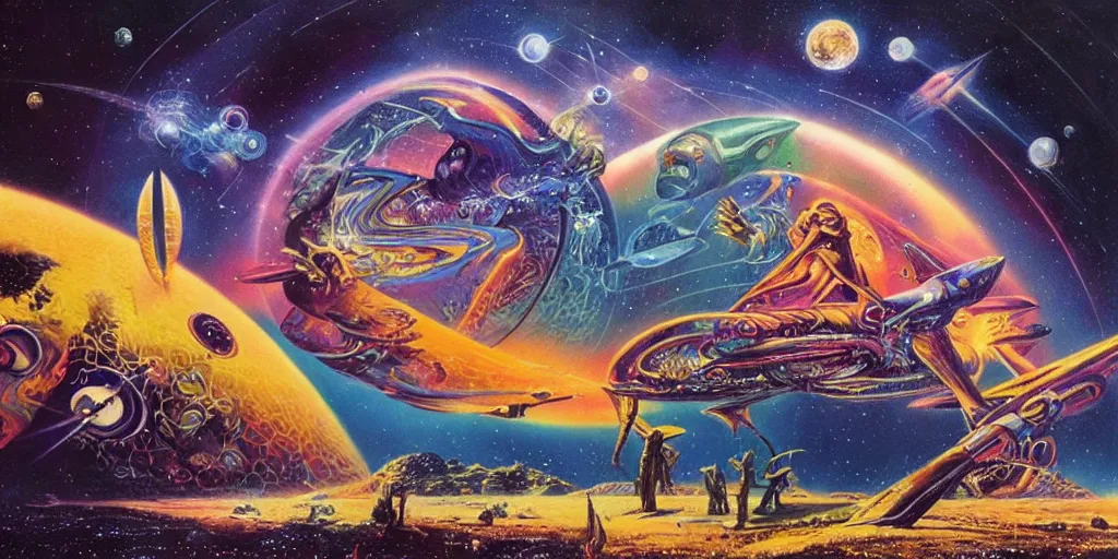 Prompt: Intergalactic dreams by Alex Grey, Paul Lehr, Ron Walotsky, Bruce Pennington and James Gurney