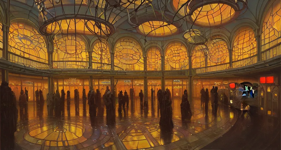 Prompt: a minimalist oil painting by donato giancola, warm coloured, cinematic scifi bioluminescent luxurious futuristic foggy steam filled victorian garden circular shopping mall interior with microscopy stained glass flowers growing out of pretty bulbous ceramic fountains, gigantic pillars and flowers, maschinen krieger, beeple, star trek, star wars, ilm, star citizen