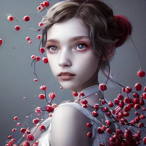 Prompt: the portrait of the absurdly beautiful, graceful, elegant, sophisticated, fashionable little girl made of cherries and white petals looking down, an ultrafine hyperdetailed illustration by kim jung gi, irakli nadar, intricate linework, bright colors, octopath traveler, final fantasy, unreal engine 5 highly rendered, global illumination, radiant light, detailed and intricate environment