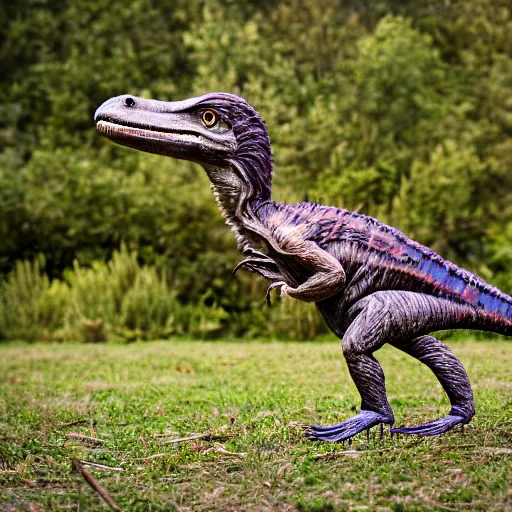 Image similar to a photograph of a velociraptor with feathers