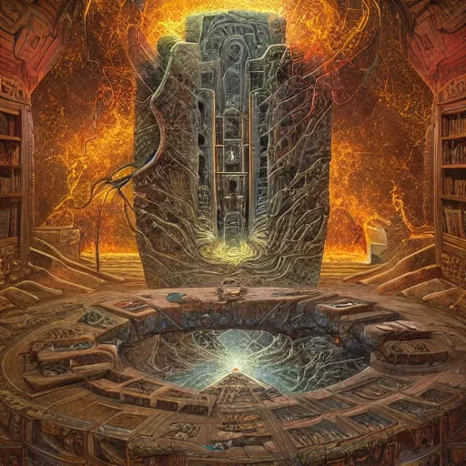 Prompt: intergalactic cryptoglyphic library of the ancients by Dan Seagrave and by Dan Witz, glossy digital painting, fantasycore