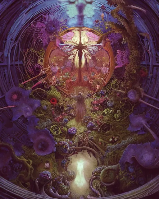 Image similar to the platonic ideal of flowers, rotting, insects and praying of cletus kasady carnage davinci dementor chtulu mandelbulb mandala ponyo dinotopia the witcher, fantasy, ego death, decay, dmt, psilocybin, concept art by randy vargas and greg rutkowski and zdzisław beksinski and alphonse mucha