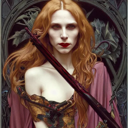 Prompt: portrait of a lady vampire, 35mm, victorian, depth of field, ominous, sharp, highly detailed, photorealistic, realistic, unreal 5, high definition, 8k, deviantart, donato giancola, irwin penn, ((Alphonse Mucha))