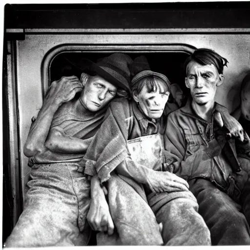 Image similar to Award winning Dorothea Lange photo, 1934, Great Depression. Three hobos sitting in a train car with an open door, looking at the camera. They look serious and tired. Americana, vintage, Pulitzer Prize.