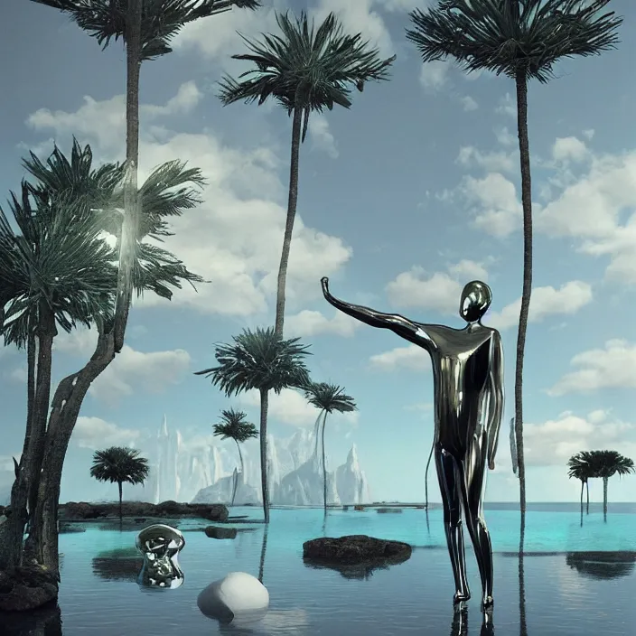 Prompt: hyperrealistic geometric objects in a surreal minimalistic 8 0's dreamscape environment by salvador dali, enormous chrome man, highly detailed, 3 d render, octane, beautiful lighting, photorealistic, intricate, elegant, wayne barlowe, water, mirrors, doorway, beautiful, masterpiece, trending on artstation, artgerm, checkered floor, palm tree