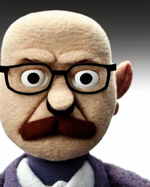 Image similar to walter white as a muppet. highly detailed felt. hyper real photo. 4 k.