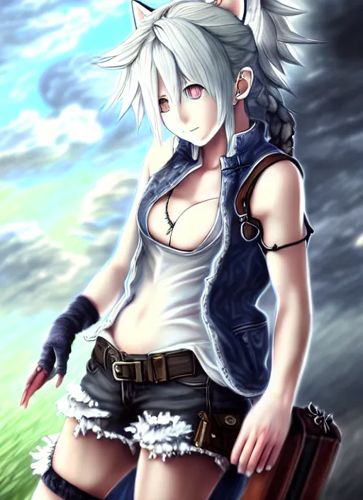 Prompt: a portrait of catgirl wearing white vest, and denim shorts an anime digital art ultrafine detailed painting, detailed painting, detailed eyes!!, final fantasy octopath traveler overlord