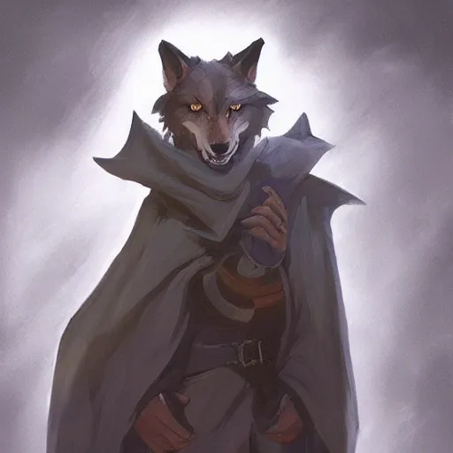 Prompt: an anthropomorphic wolf, artstation hq, stylized, sharp focus, concept art, furaffinity fursona, furry, anthropomorphic, by ayami kojima, gregory manchess, greg rutkowski, greg hildebrandt, stylized anthropomorphic wolf in cape and robe, dramatic, ayami kojima, upper body, cloak over shoulders, moonlight background