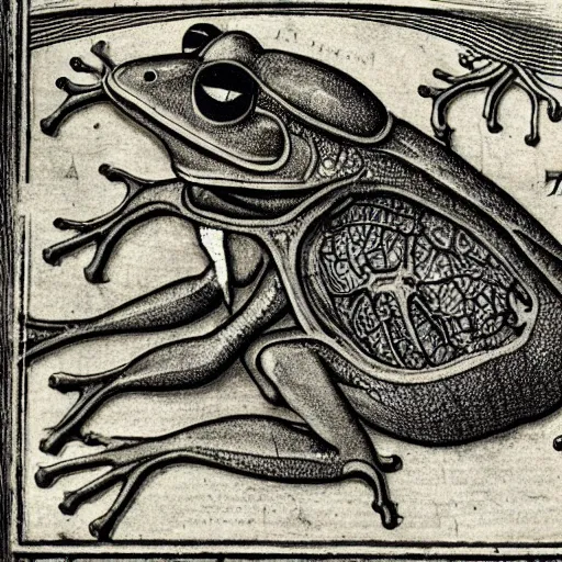 Prompt: an detailed anatomical diagram depicting the dissection of a frog. 15th century medical textbook. high quality etching.