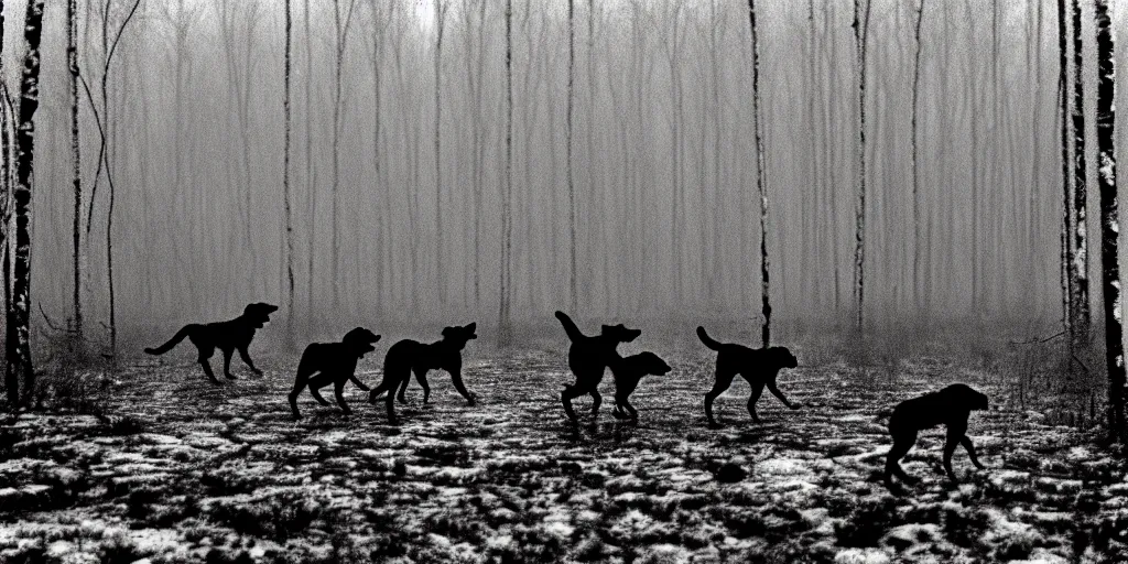 Prompt: movie still by tarkovsky crowd of hunter and crowd of dogs running 4 in a swamp snowy with birch forest backround, cinestill 8 0 0 t 3 5 mm b & w, heavy grain, high quality, noir, natural textures, photorealistic, ambient occlusion, hd, dof, mud, fog