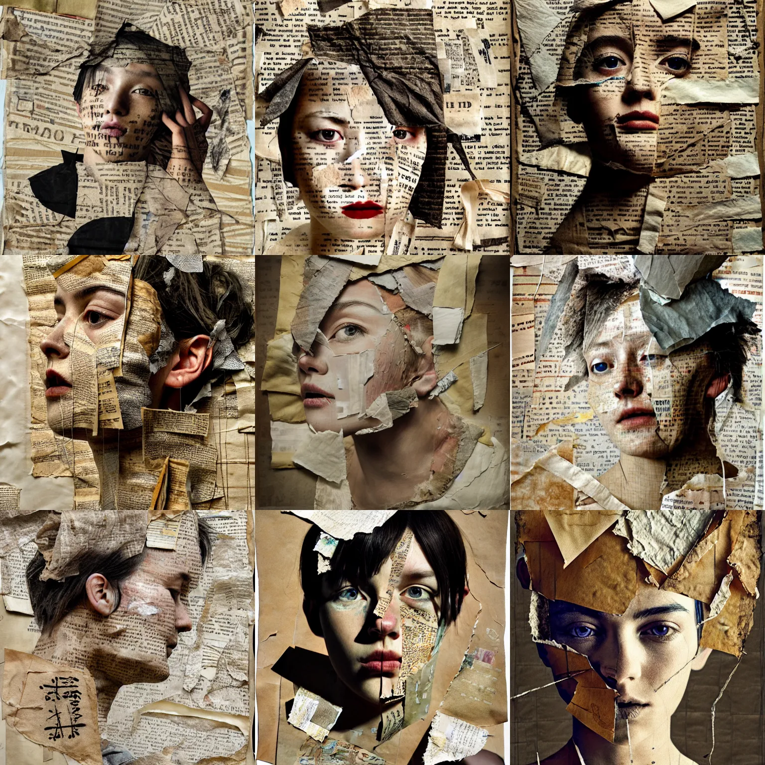 Prompt: rendered in blender bleached linen taped on her head and crumpled paper as a texture, collage handwritten ripped letters and tape, hyperrealism mixed with expressionism, high resolution, cinematic, unreal 6, breathtaking detailed by yasutomo oka