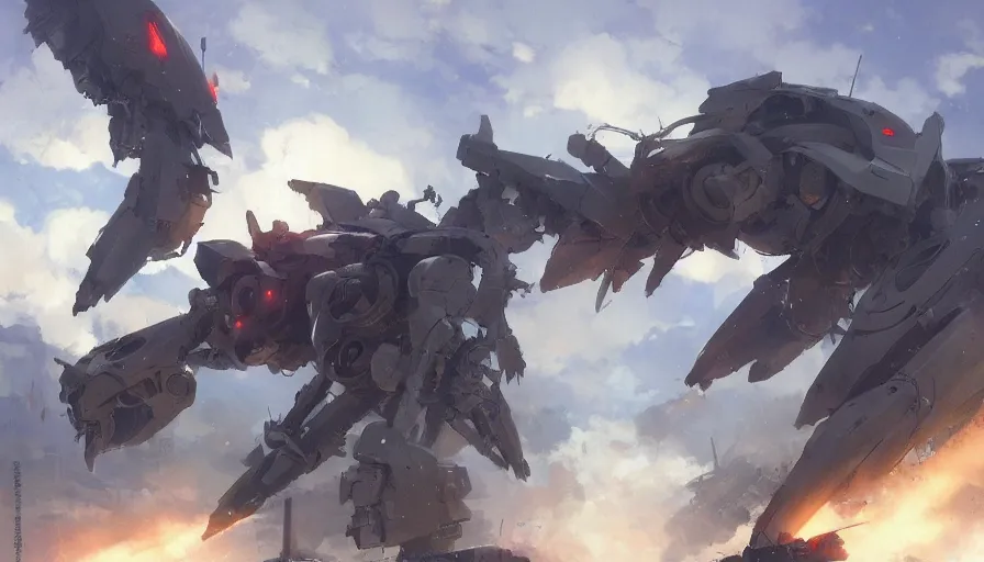 Image similar to mech battle, trending on pixiv fanbox, painted by greg rutkowski makoto shinkai takashi takeuchi studio ghibli