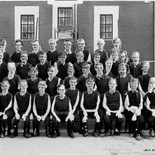 Prompt: swedish school photo from behind all carrying weapon behind their back