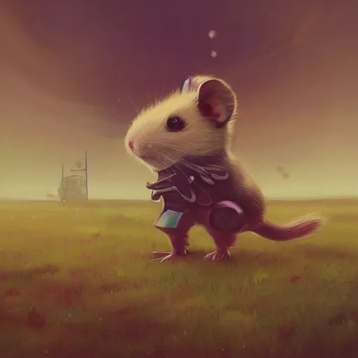 Image similar to Cloud Champion Hamster knight roaming the windswept field simon stalenhag aubrey beardsley edson campos christopher lovell jeff simpson allison carl hiro izawa paul chadeisson pastel painting