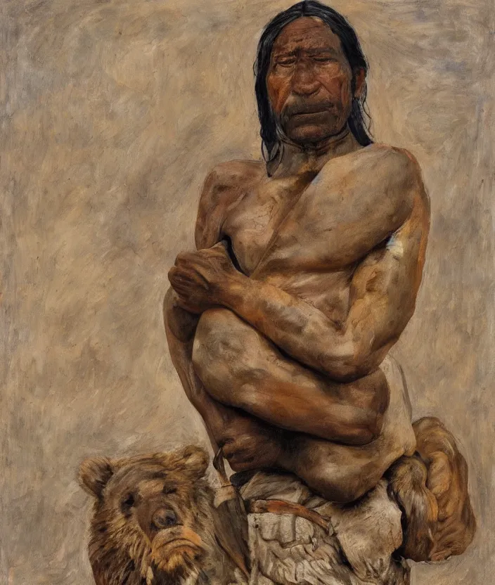 Prompt: indigenous man carrying a bear, painted by lucian freud, hd, super detailed, realistic, muted colors