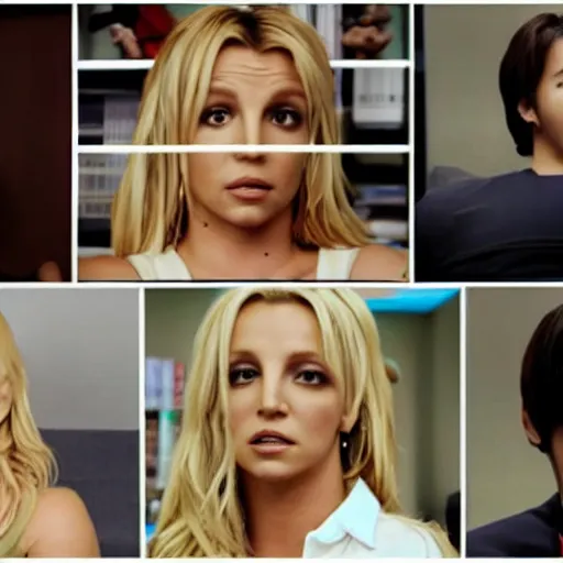 Prompt: cinematic still of britney spears in the office costarring with the kpop group bts