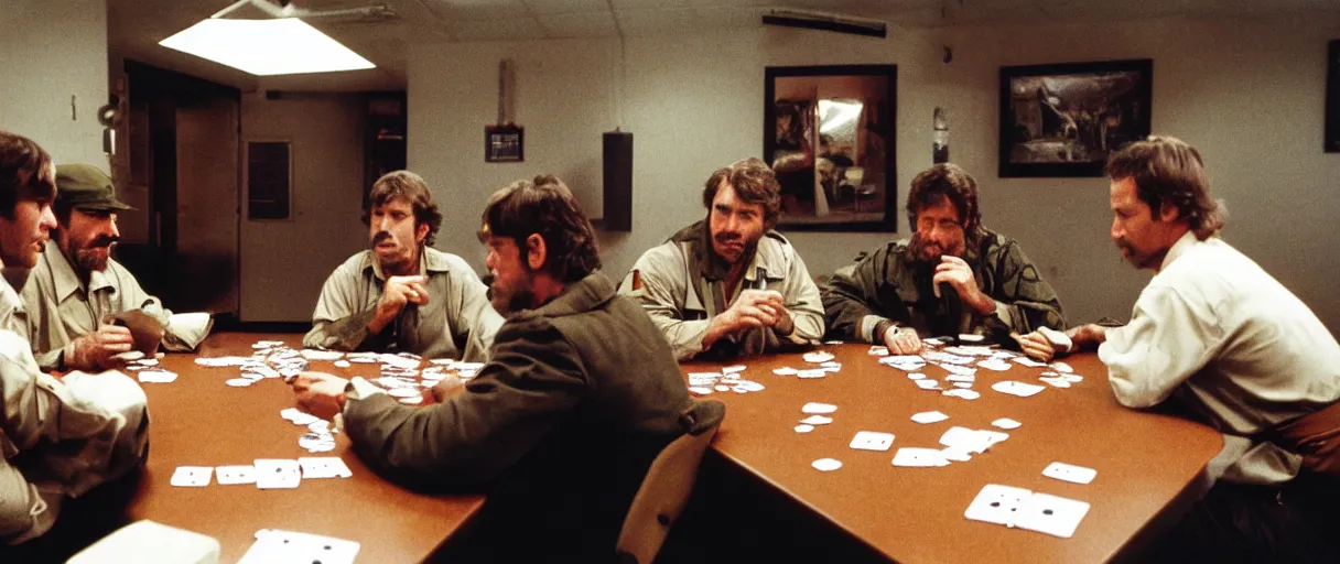 Image similar to a high quality extreme wide establishing shot hd 4 k film 3 5 mm color photograph of a group of grizzled caucasian male civilian military contractors sitting at a square table playing cards in a dimly lit breakroom smoking ciggarettes in 1 9 8 2