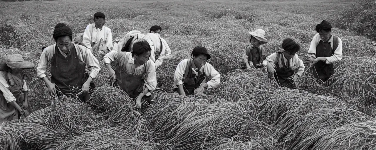 Image similar to harvesting spaghetti in rural 1 8 0 0 s japanese countryside, ultra - realistic faces, fine detail, canon 5 0 mm, in the style of ansel adams, wes anderson, kodachrome