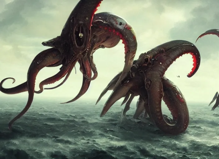 Image similar to close up cinematic artwork of monster squids flying staring on the battlefield by Greg Rutkowski, 4k, masterpiece