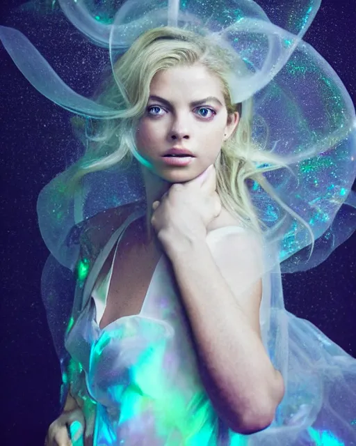 Prompt: annie leibovitz style photoshoot editorial of samara weaving as sue storm, the invisible woman from the fantastic four, she is wearing a beautiful iridescent shimmering, glowing jellyfish like wedding dress made from her force field powers, hyperreal, magical, translucent, iridescent, studio lighting, soft focus, bokeh, 5 0 mm
