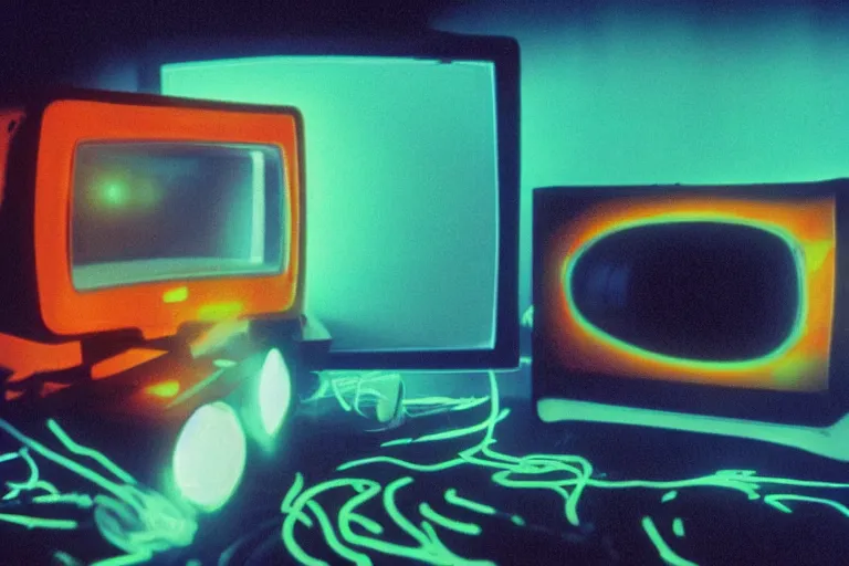 Prompt: toaster emerging from a space portal in cyberspace, fractal, in 1 9 8 5, y 2 k cutecore clowncore, bathed in the glow of a crt television, crt screens in background, low - light photograph, in style of tyler mitchell