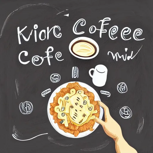 Image similar to a hand drawn illustration of a living box of KD mac and cheese holding a cup of coffee