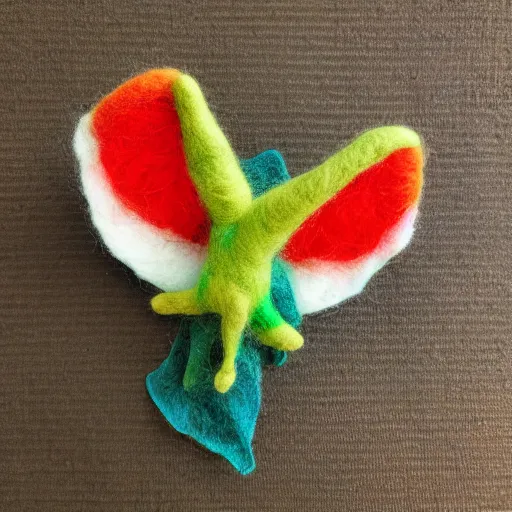 Image similar to a needle felted pterodactyl, needle felting art.