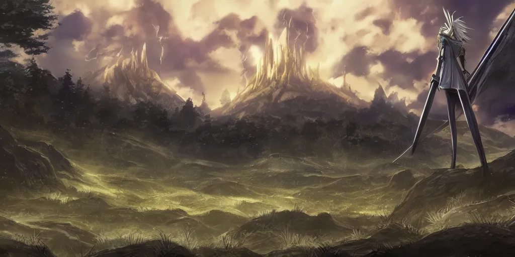 Image similar to landscape, medieval, claymore anime background, world destroyer from claymore manga towering in the sky, a forest in the foreground, mountains in the background, concept art, colour, illustration, smooth, sharp focus, tilted angle, intricate, trending on artstation, trending on deviantart, 4 k