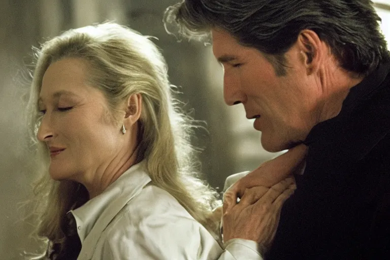 Image similar to richard gere and meryl streep play two vampires hugging each other in dark flames, scene from film