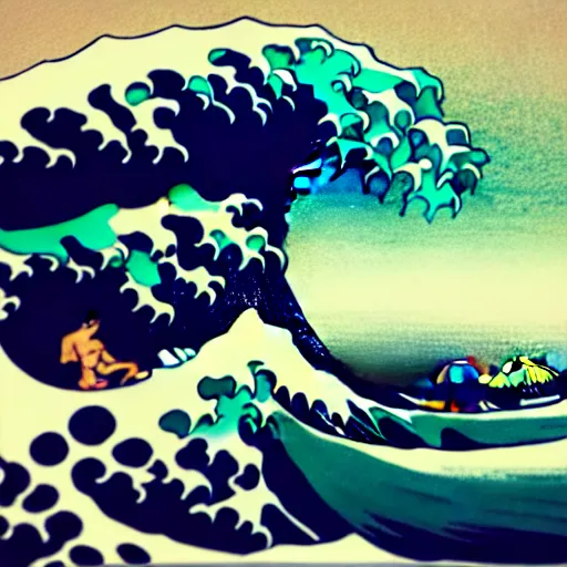 Image similar to photography of a young man surfing a hokusai wave