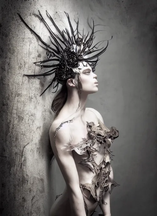 Image similar to a portrait of female model by stefan geselle and nekro borja, photorealistic, intricate details, hyper realistic, dark fantasy, ornate headpiece, dark beauty, photorealistic, canon r 3, photography, wide shot, photography, dark beauty, symmetrical features, wide angle shot, whole body, full body shot, standing pose, colored