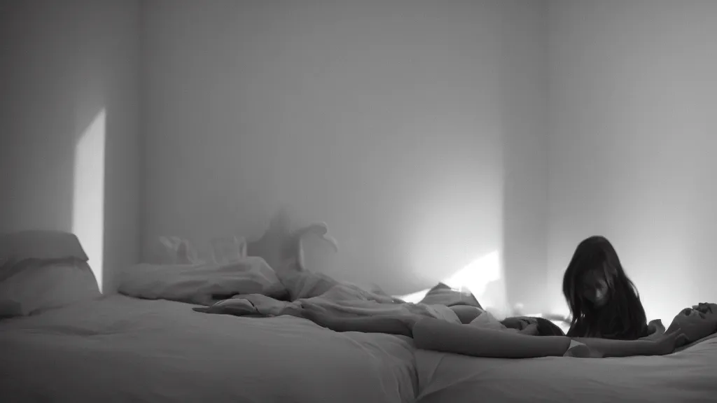 Prompt: movie still of girl having sleep paralysis and a shadow watching, cinematic composition, cinematic light, criterion collection, by nightmare