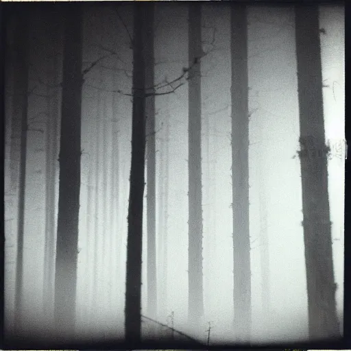 Image similar to concrete structure in a forest clearing at night, foggy, minimalistic architecture, dark, surreal, open space, light art, james turrel, old polaroid, expired film,