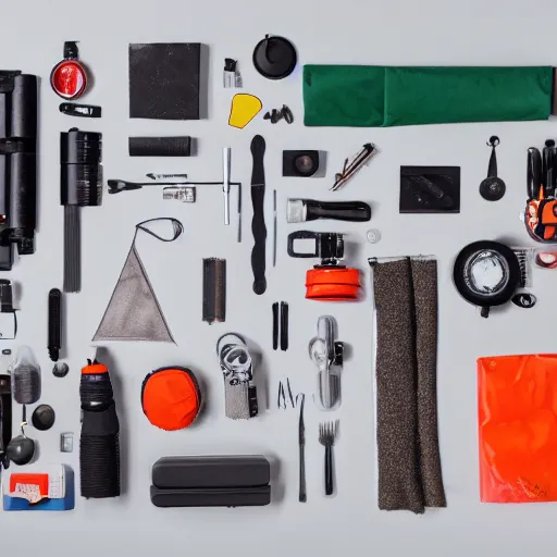 Image similar to Knolling of an effective survival kit for the zombie apocalypse | flat lay photography | neutral background | shot with a tripod | focal lenght 50.0mm | aperture f/11 | 1/30s shutter speed | ISO100