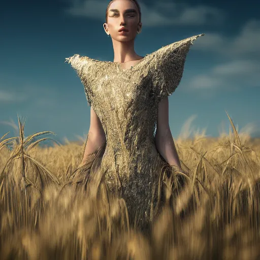 Image similar to epic professional fashion photoshoot in the wheat field, futuristic digital clothing, natural lighting, unreal engine render, 8 k, detailed, intricate, detailed, best on artstation, cgsociety, epic, stunning, gorgeous, much wow, cinematic, masterpiece.