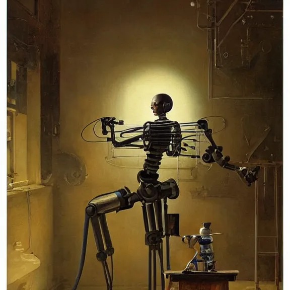 Image similar to robot artist painting a self - portrait on a canvas. intricate, highly detailed, photorealistic, film still, by carl spitzweg, hans thoma, alexandros pyromallis, gil elvgren, sachin teng.