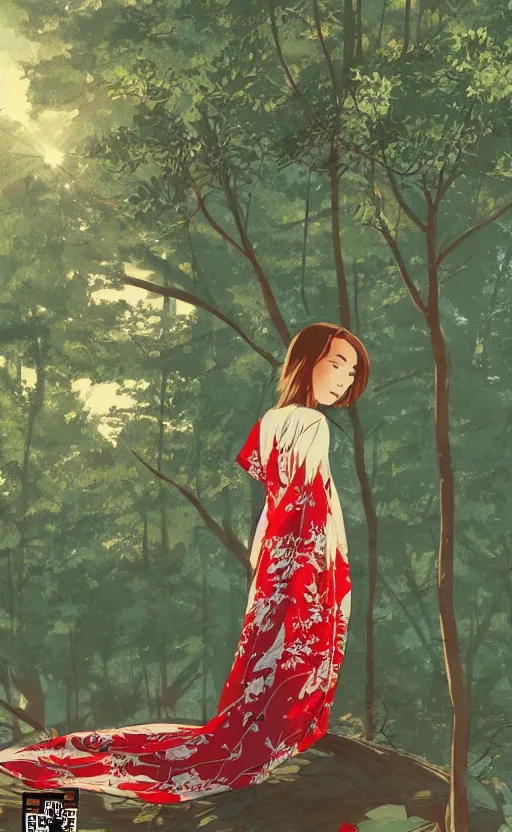 Prompt: by kuvshinov ilya, artstation, concept art, girl next to a japanese crane bird in japanese pines, trading card front, kimono, realistic anatomy, sun in the background