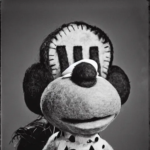 Prompt: a black and white photograph by Gary Baseman, Robert Crumb, Jim Henson, photorealistic, surreal, high contrast, film photography, felt, muppet, character