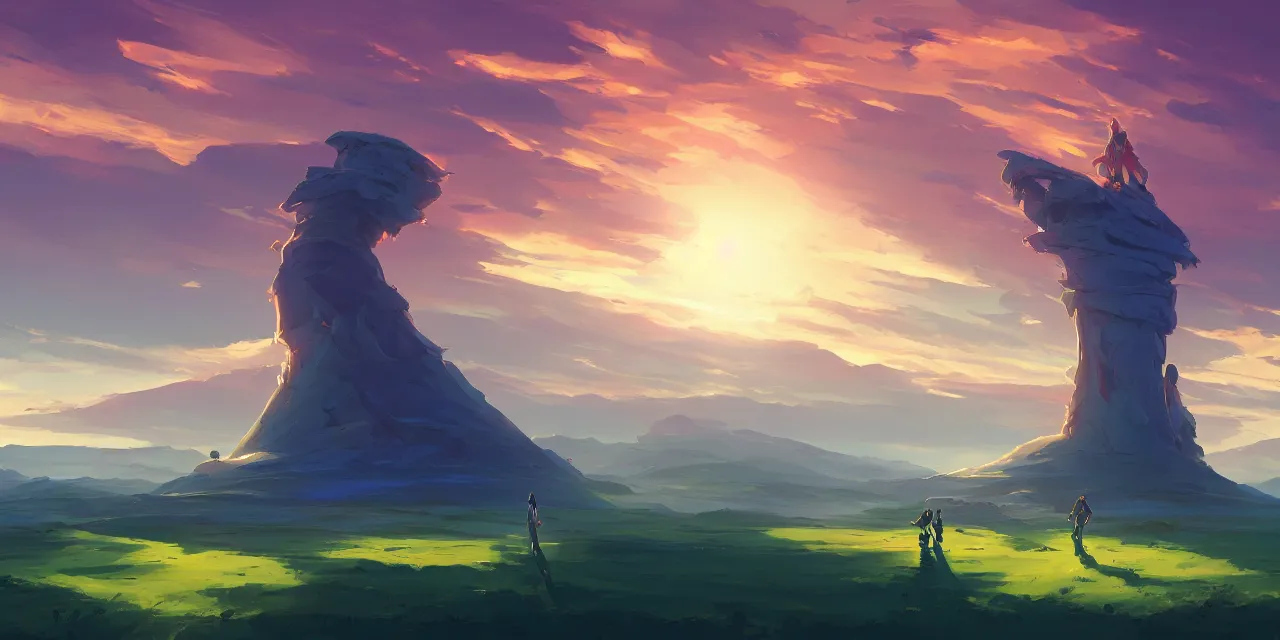 Image similar to twilight on a blue desert, organic tower in the middle distance, green tinged sky with a red sun, official fanart behance hd artstation by jesper ejsing, by rhads, makoto shinkai and lois van baarle, ilya kuvshinov, ossdraws