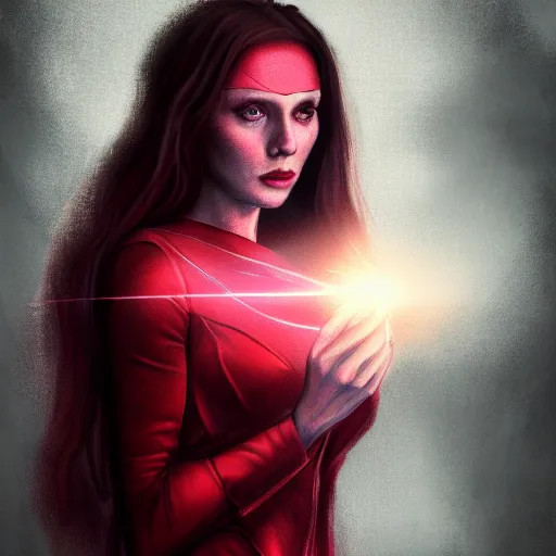 Image similar to Wanda Maximoff chaos magic, scarlet witch, levitating, digital painting, cinematic, moody, soft light