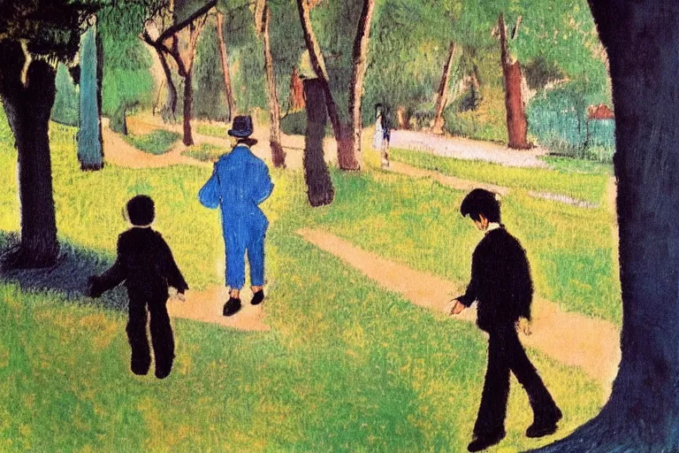 Image similar to a tall man with dark hair holding the hands of a small boy with dark hair as they walk down a suburban highway on a bright beautiful colorful day. part in the style of an edgar degas painting. part in the style of david hockney