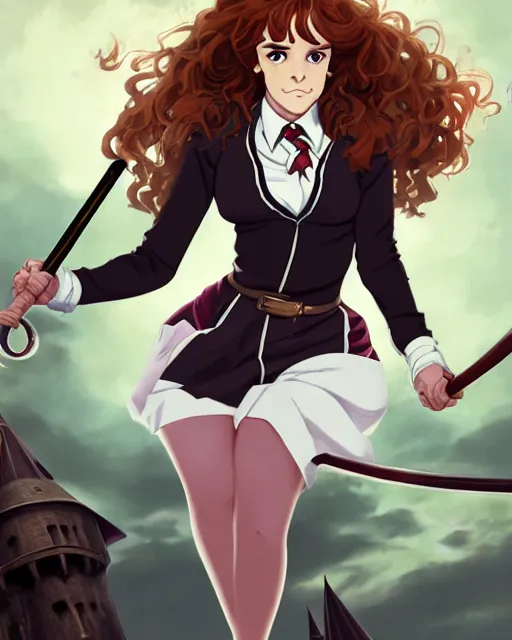 Prompt: pinup photo of hermione granger by emma watson in the crowded square of hogwarts, asuna by a - 1 pictures, by by andrei riabovitchev, james jean, gil elvgren, enoch bolles, glossy skin, pearlescent, anime, very coherent, sao style anime, flat