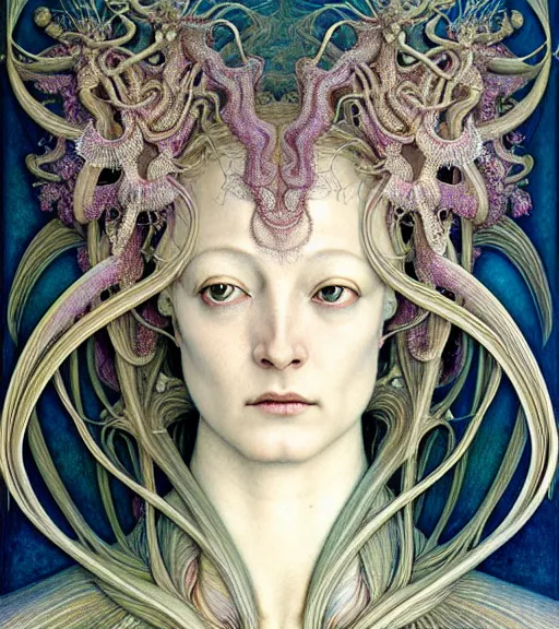 Image similar to detailed realistic beautiful orchid mantis goddess face portrait by jean delville, gustave dore, iris van herpen and marco mazzoni, art forms of nature by ernst haeckel, art nouveau, symbolist, visionary, gothic, neo - gothic, pre - raphaelite, fractal lace, intricate alien botanicals, ai biodiversity, surreality, hyperdetailed ultrasharp octane render