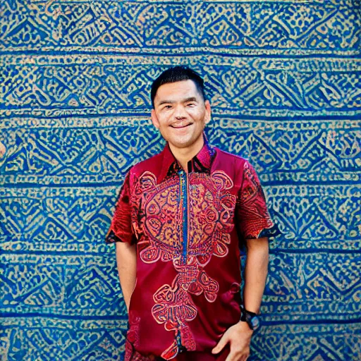 Prompt: A Photo Portrait of Joe Wearing Indonesian Batik Tulis at a fancy Balinese restaurant, award winning photography, sigma 85mm Lens F/1.4, blurred background, perfect faces