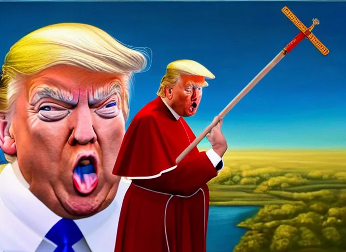 Prompt: an extremely high quality hd surrealism painting of Donald trump as the pope riding a pogo stick 8k, realistic shading, ultra realistic, super realistic