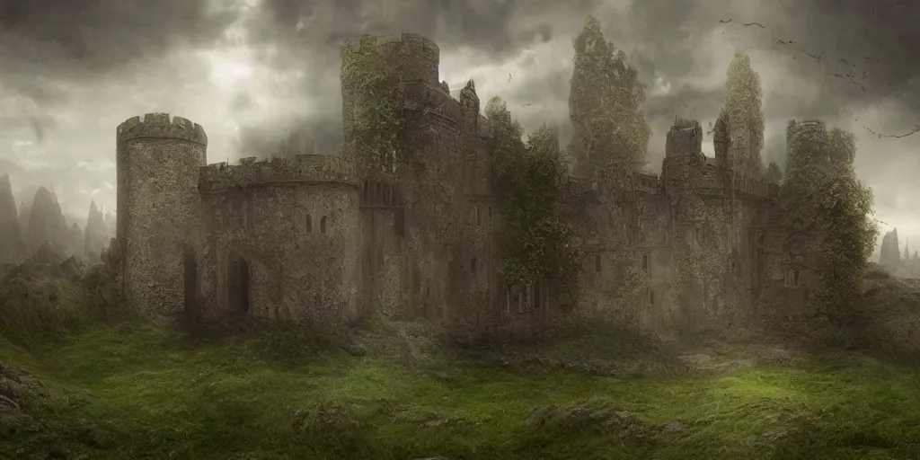 Image similar to matte painting, castle, dramatic landscape, overgrown, cinematic, overcast, interior light, rain, slight fog, mystical