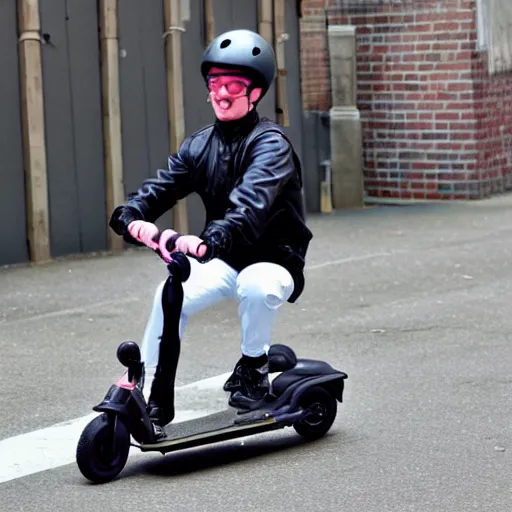 Image similar to oliver tree riding a scooter