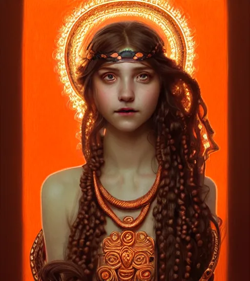 Image similar to portrait of teenage medusa, snake hair, naughty smile, wearing an embroidered orange tunic, intricate, elegant, copper and emerald jewelry, glowing lights, highly detailed, digital painting, artstation, concept art, smooth, sharp focus, seductive illustration, art by wlop, mucha, artgerm, and greg rutkowski