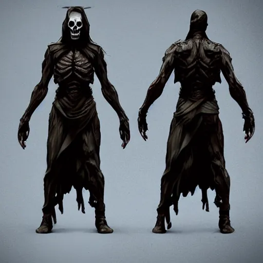 Image similar to wraith, undead, dynamic pose, skull, terrifying, dark, fog, artstation